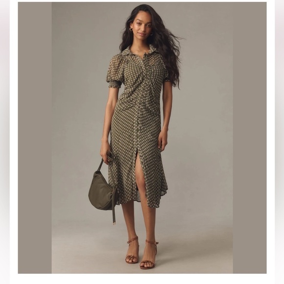 NWT/ ANTHROPOLOGIE Puff-Sleeve Ruched Mesh Midi Shirt Dress - Picture 1 of 4